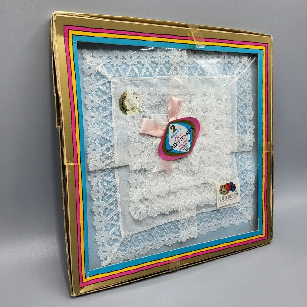 Vintage Set of 2 Cotton Floral Embroidered Hankie Handkerchief In Box NOS 1980s